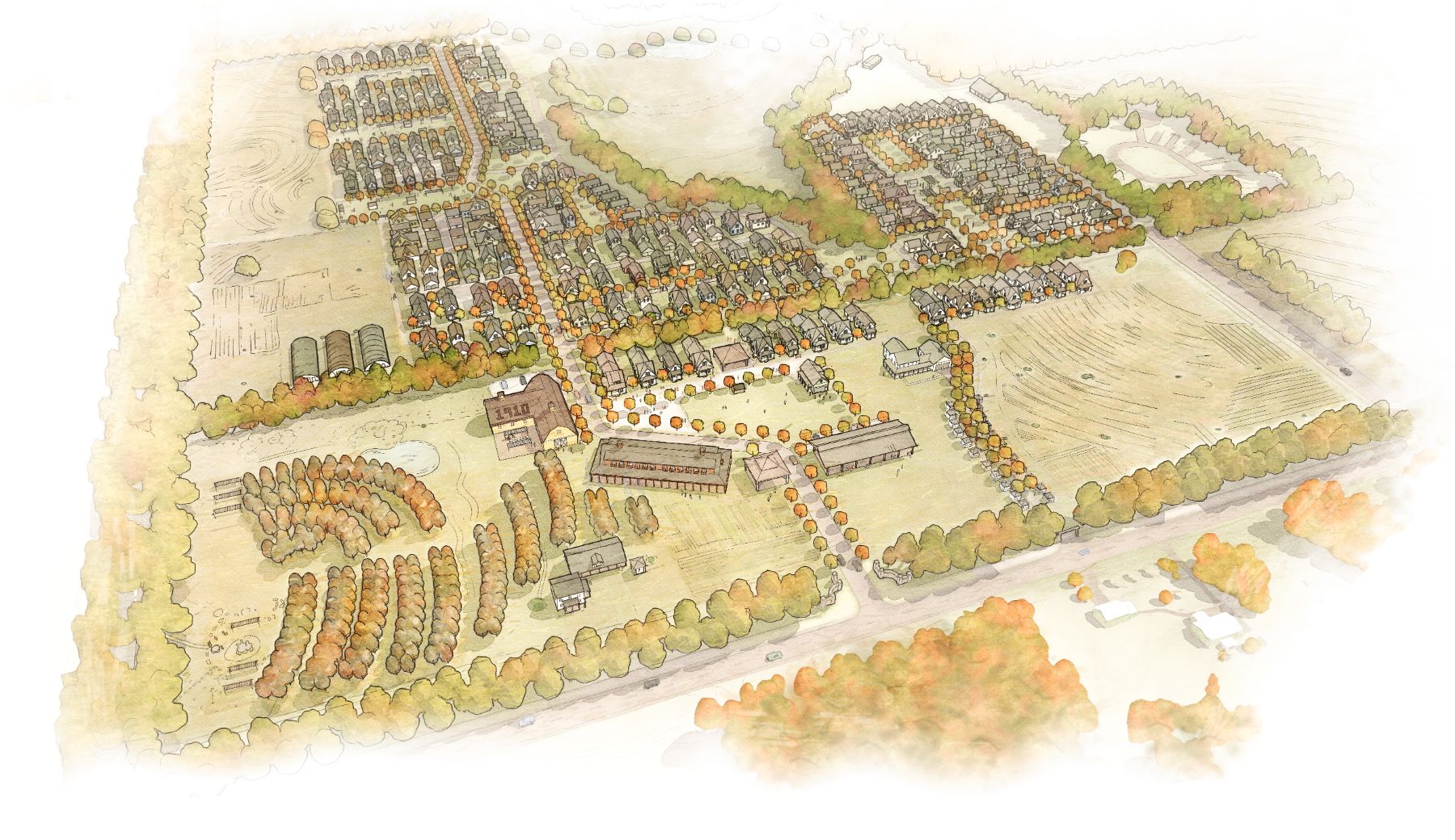 Aerial perspective of Hickory Run in fall: the farm, orchards and barns in front, pocket neighborhoods behind