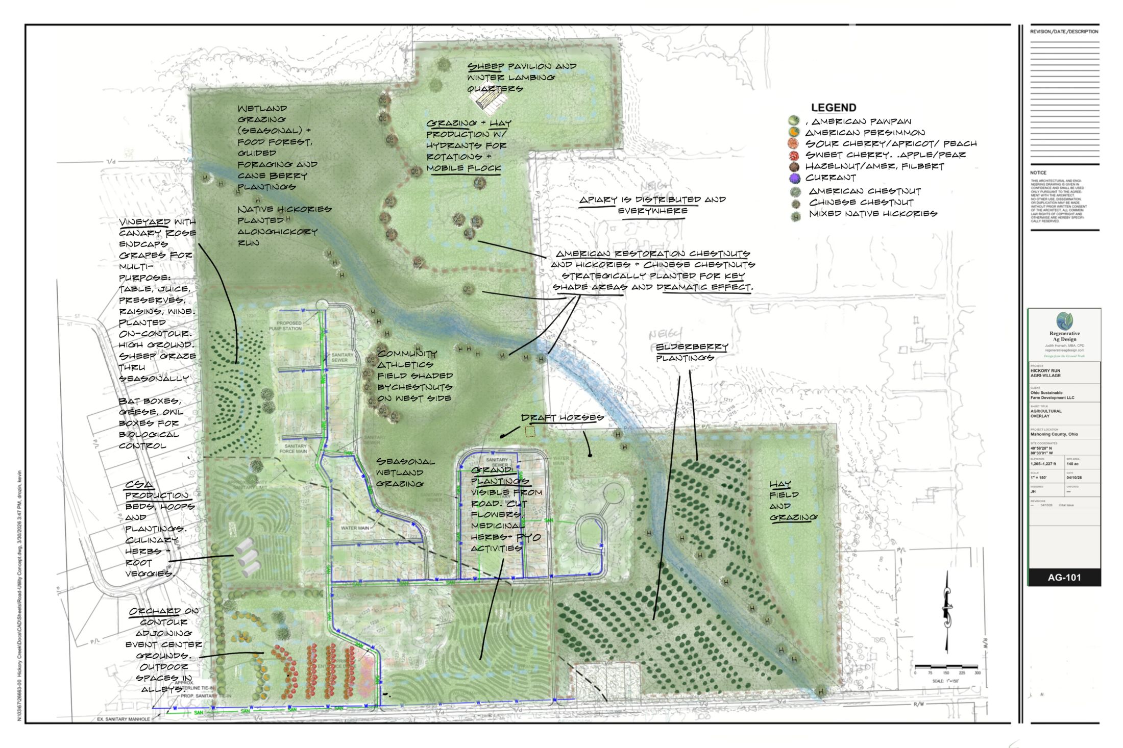 Agricultural overlay plan of Hickory Run showing orchards, vineyard, CSA beds, grazing, wetlands and homes